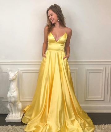 Yellow v neck satin long prom dress simple evening dress HZ1023